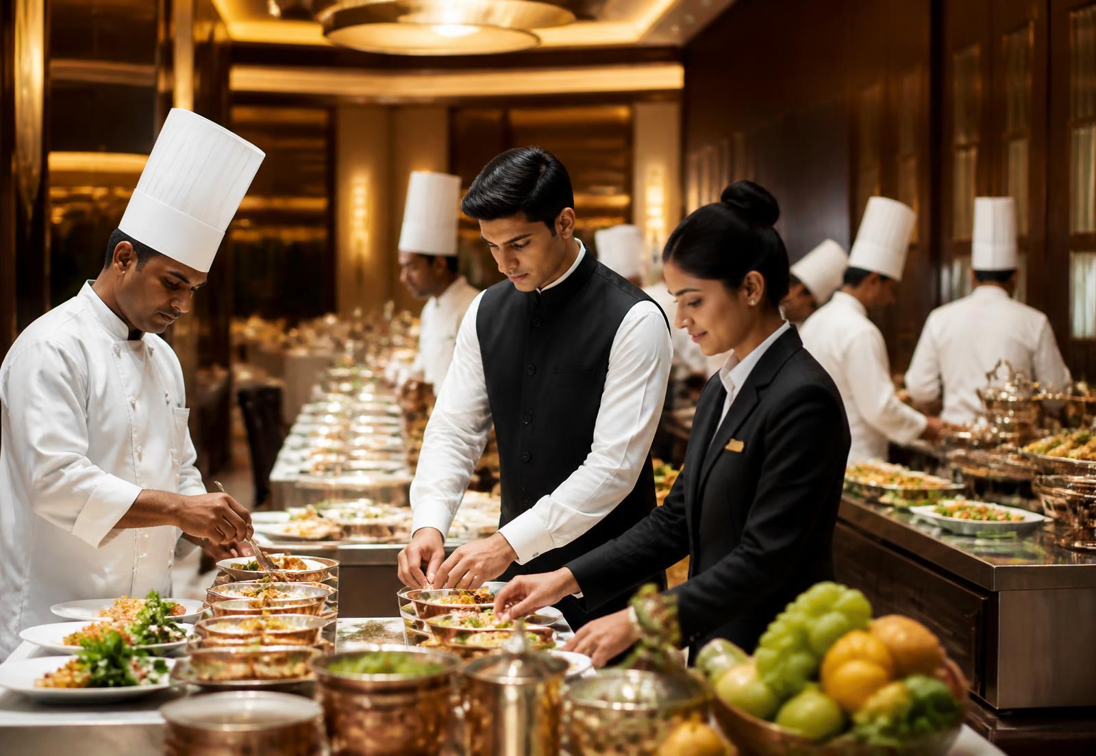 Hotel banquet team preparing a large catering service