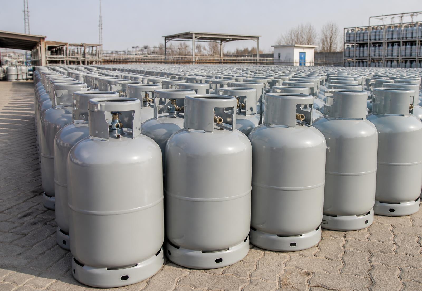 Rows of commercial LPG cylinders stocked at a distribution yard