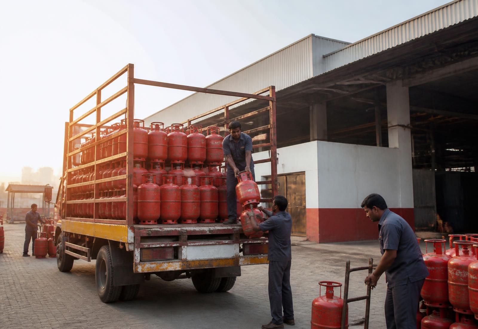 Delivery crew loading LPG cylinders onto a distribution truck